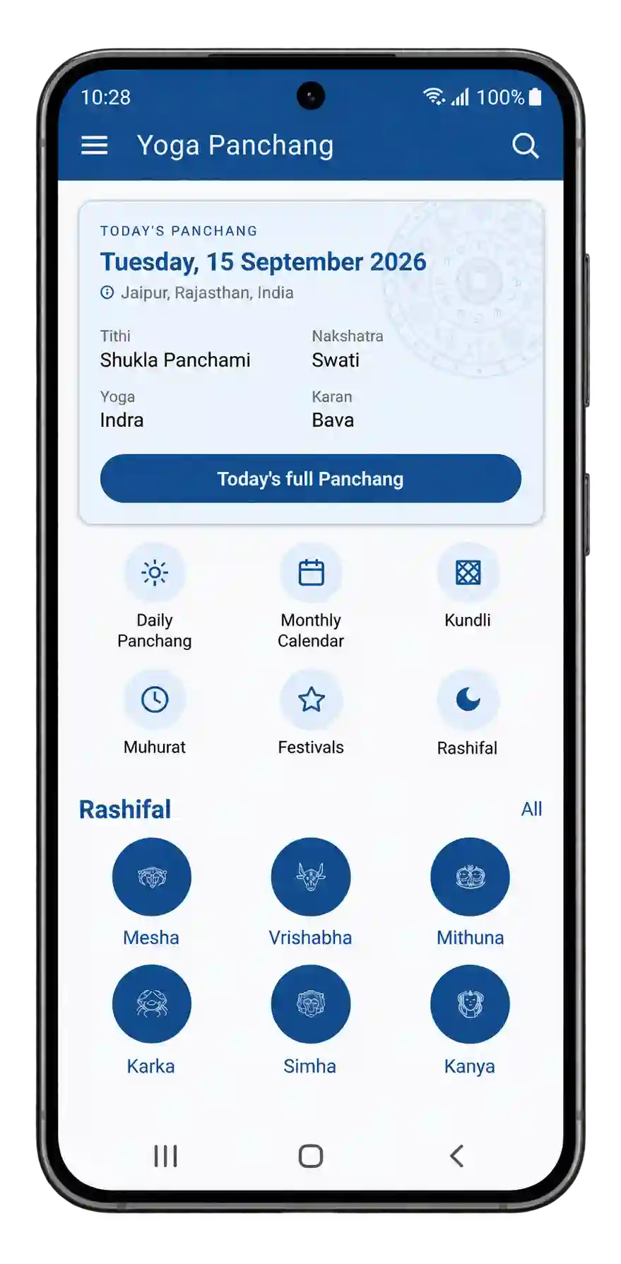 Yoga Panchang app on mobile